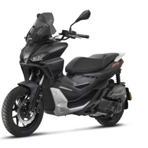 Ein schwarzes Motorrad mit einem Sitz und Lenker. Es steht auf einem weißen Hintergrund.