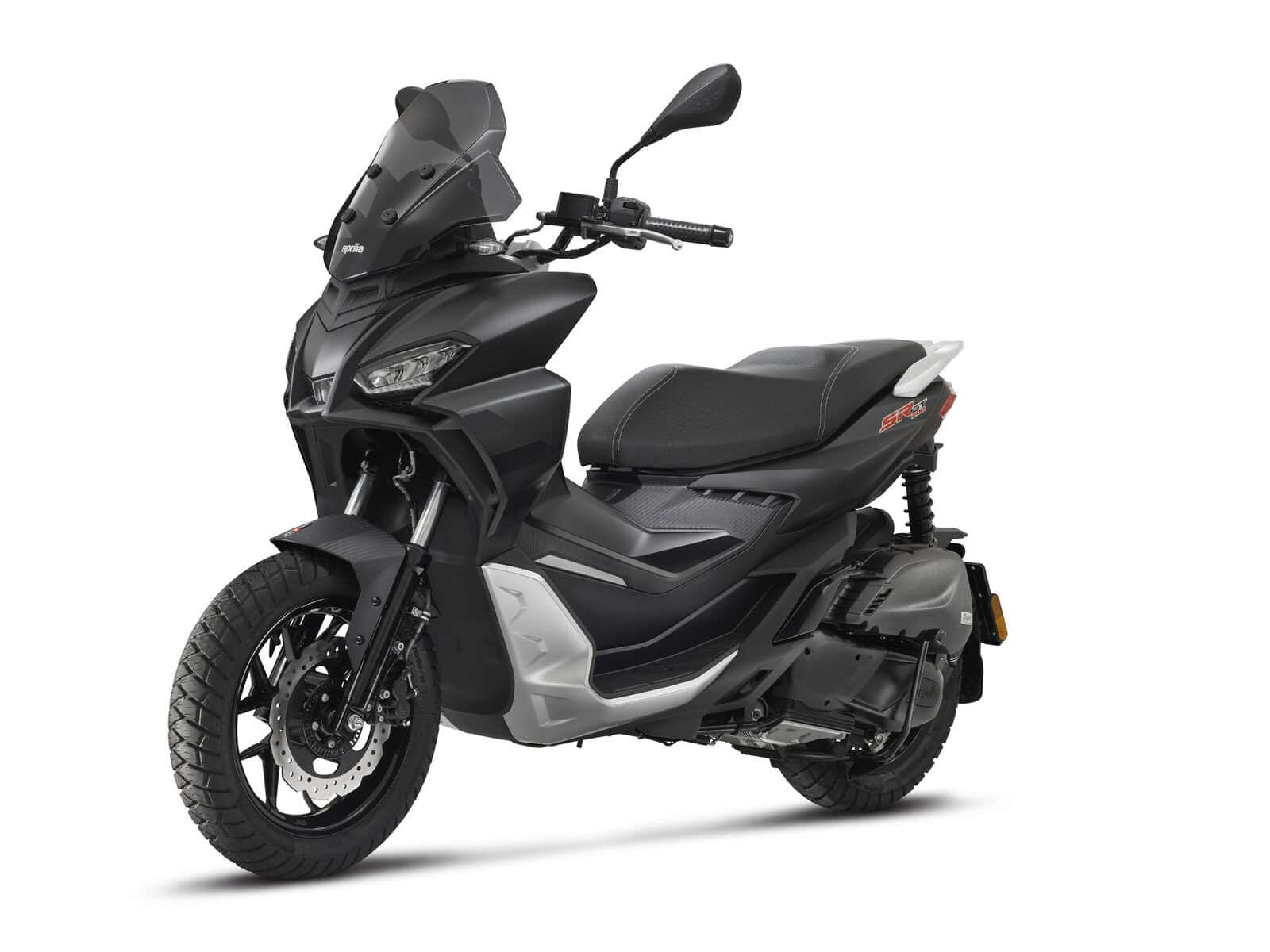 Ein schwarzes Motorrad mit einem Sitz und Lenker. Es steht auf einem weißen Hintergrund.