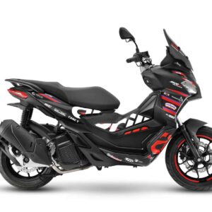 Schwarzes Motorrad mit roten Akzenten Ein schwarzes Motorrad mit roten und weißen Akzenten. Es hat ein sportliches Design.