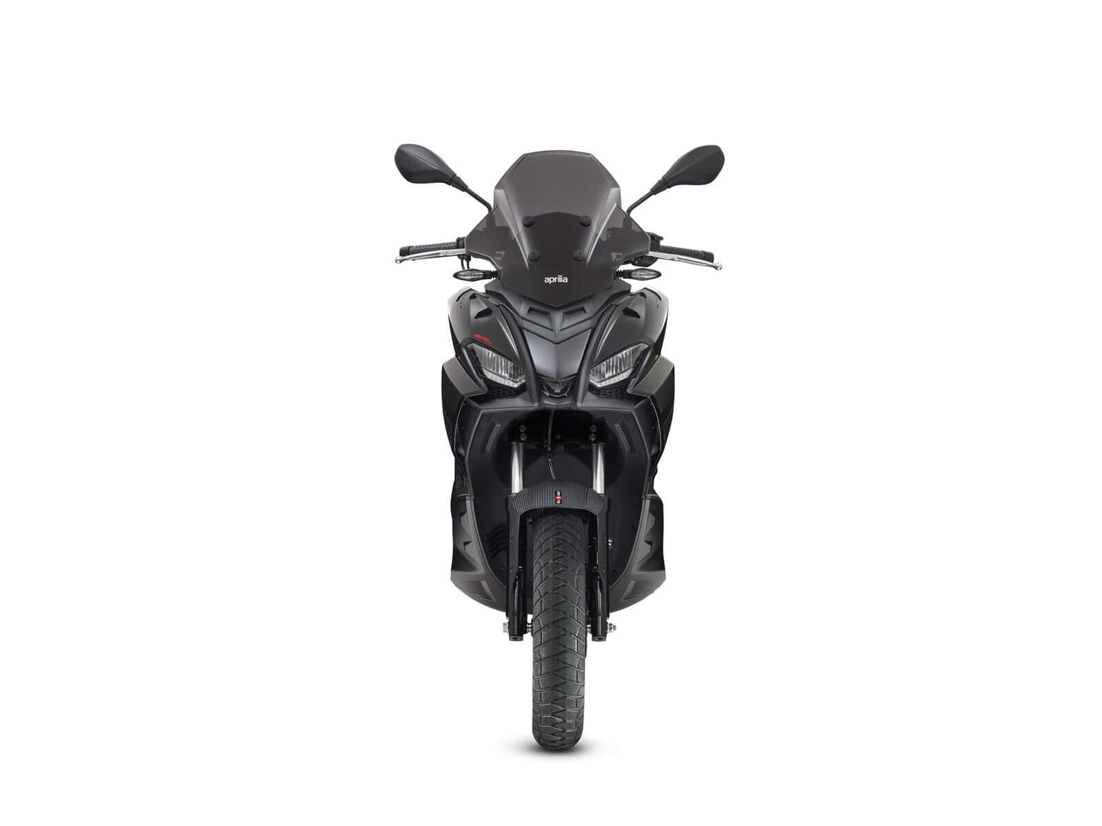 Ein schwarzes Motorrad. Frontansicht eines modernen Motorrollers.