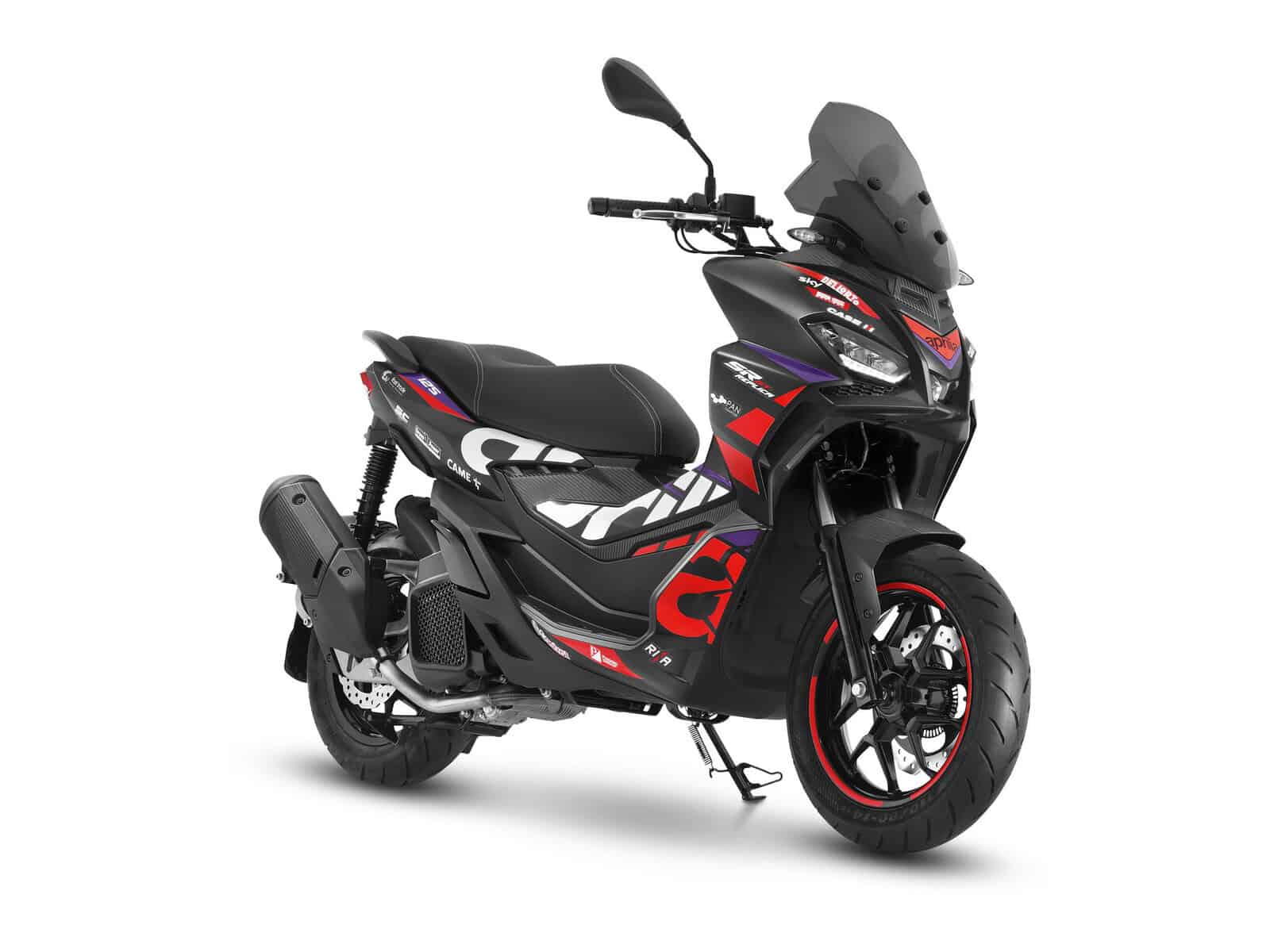 Schwarzes Motorrad mit roten Akzenten Ein schwarzes Motorrad mit roten und weißen Details. Es hat ein sportliches Design.