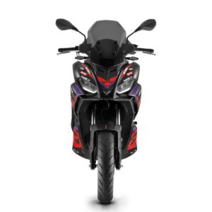 Motorrad mit roten und violetten Akzenten Ein schwarzes Motorrad mit roten und violetten Details