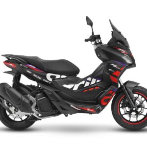 Schwarzes Motorrad mit roten Akzenten Ein schwarzes Motorrad mit roten und weißen Akzenten. Es hat ein sportliches Design.